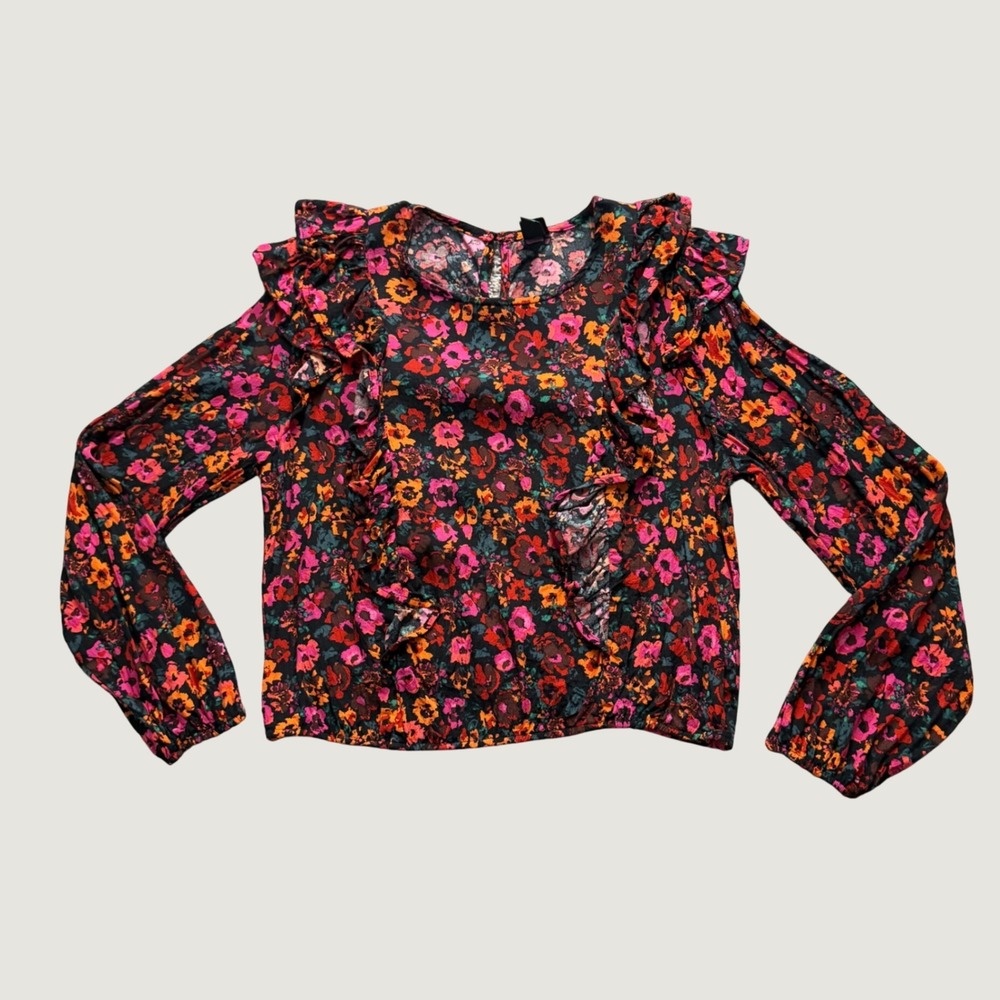 Ruffle Floral Blouse Medium Long Sleeve Elastic Hem Black Pink Orange